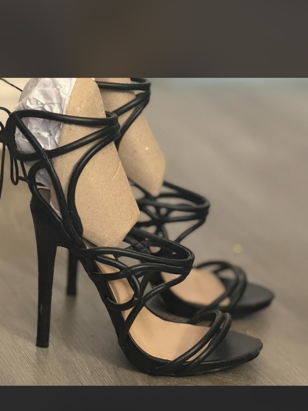 Shoe Dazzle Black Strappy Lace-Up Stiletto Heels